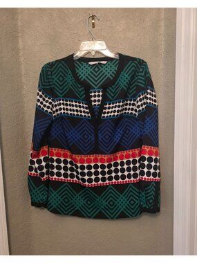 Trina Turk Mixed Print Colorful Geometric Lightweight Blouse S EUC